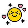 Gelbes Emoji mit geschlossenen Augen und drei pinken Herzen, die Freude und Zuneigung ausdrücken.