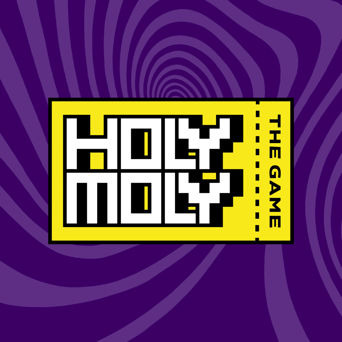 Gelbes "Holy Moly" Logo mit pixeliger Schrift auf violettem, hypnotischen Hintergrund.