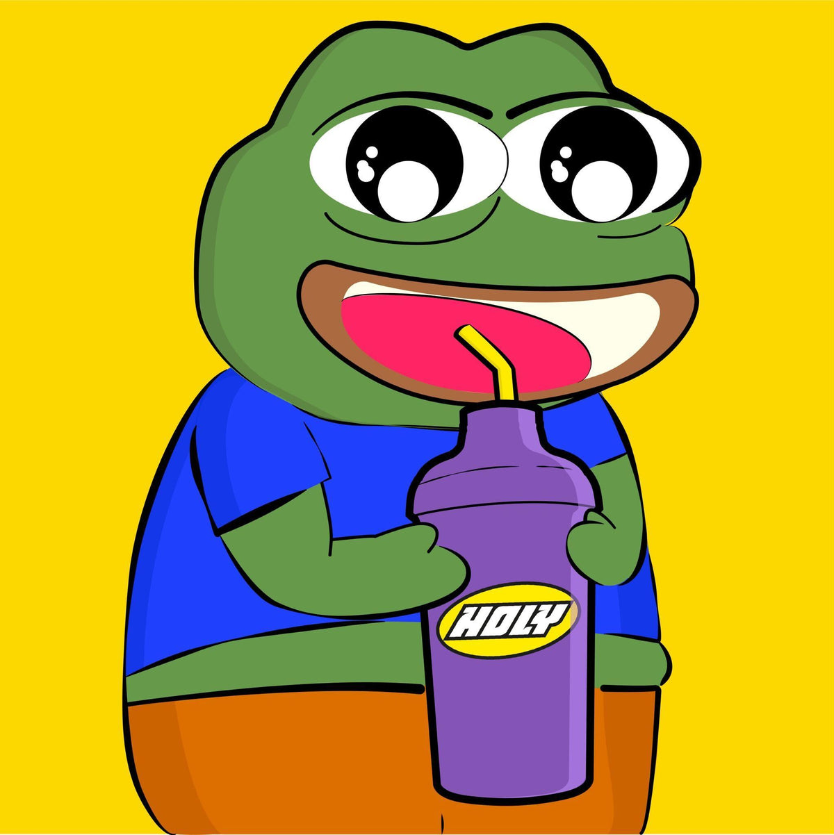 Comic-Figur mit blauem Shirt hält einen lilafarbenen Shaker mit Strohhalm vor gelbem Hintergrund.
