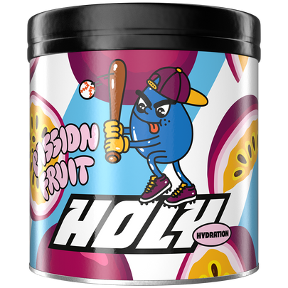 Bunte Pappdose mit Comic-Frucht und Baseballschläger auf blauem Hintergrund, mit dem Text "Passion Fruit Holy Hydration".