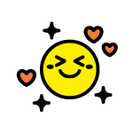 Gelbes Emoji mit geschlossenen Augen und drei kleinen, orangen Herzen.