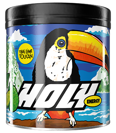 Pappdose mit einem Tukan-Design und der Aufschrift "Holy Energy" sowie "Thai Lime Toucan".