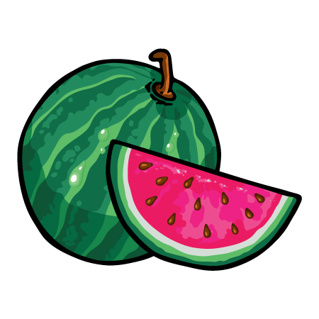 Zeichnung einer ganzen Wassermelone mit einem saftigen, aufgeschnittenen Stück daneben.