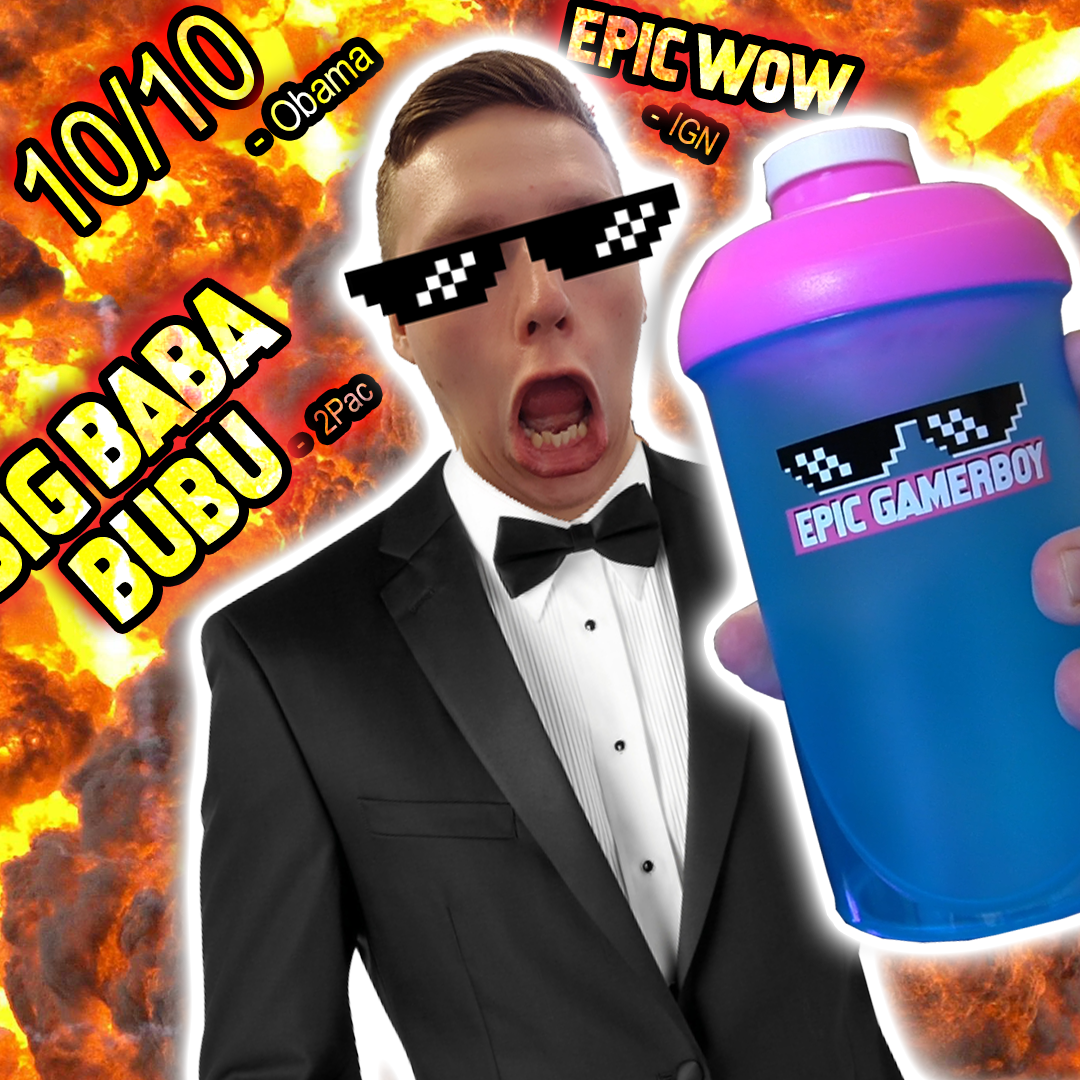 Ein Mann im Anzug trägt eine Pixelsonnenbrille, hält einen blauen Shaker mit "Epic Gamerboy" Schriftzug, umgeben von Flammen.